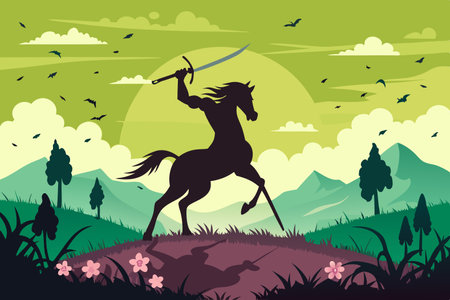 Mythical Silhouette of a Centaur Wielding a Sword in Moonlightのイラスト素材
