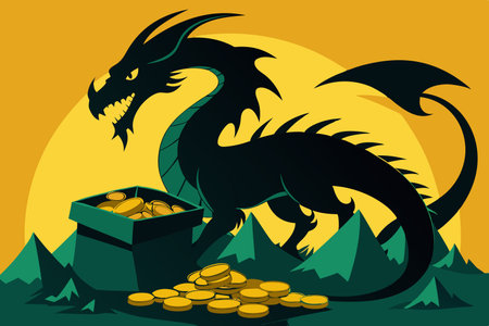 Mystical Dragon Silhouette Coiling Around a Golden Treasure Hoardのイラスト素材