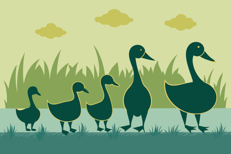 Charming Silhouette of a Duck Family Waddling in Harmonyのイラスト素材