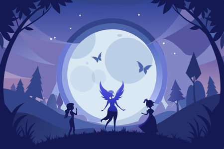 Ethereal Moonlight Dance: Silhouette of a Fairy Circle Under an Enchanting Skyのイラスト素材