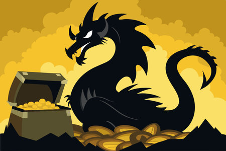 Majestic Dragon Coiling Around its Treasure Horde in Silhouetteのイラスト素材