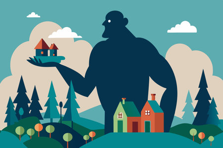 Enigmatic Giant Silhouetted Holding a Tiny Village in the Palm of Their Handのイラスト素材
