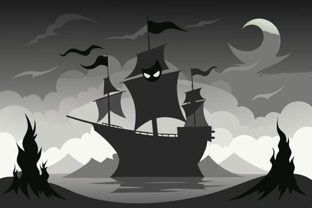 Eerie Silhouette of an Ancient Ghost Ship Beckoning from Foggy Depthsのイラスト素材