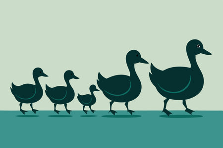 Silhouette of a Convivial Family of Ducks Enjoying a Leisurely Stroll in a Rowのイラスト素材