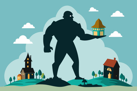 Colossal Shadow of a Giant Encapsulating a Minuscule Village in Its Gripのイラスト素材