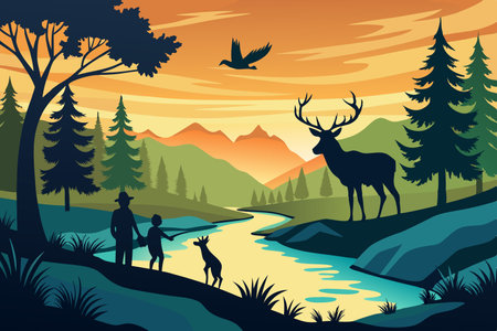 Tranquil Silhouette of a Family of Deer Drinking from a Sparkling Streamのイラスト素材