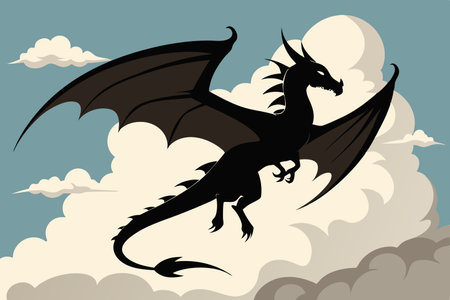 Majestic Dragon Soaring among Celestial Clouds in Silhouetteのイラスト素材