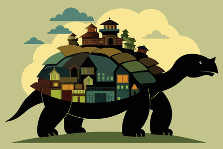 Majestic Silhouette of a Giant Tortoise Carrying a Tiny Violinのイラスト素材