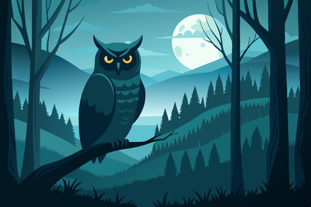 Majestic Owl's Silhouette Perched on a Bare Tree Branch Under the Moonlightのイラスト素材