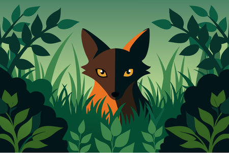 Silhouette of a Curious Fox Peering from Lush Bushesのイラスト素材