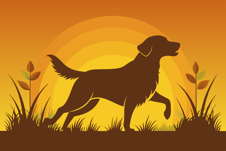 Golden Retriever's Silhouette Frolicking in a Vast Field at Sunsetのイラスト素材