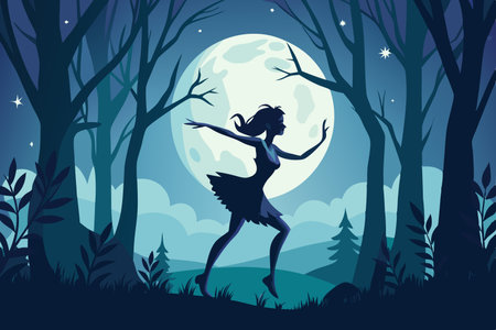 ** Enchanted Nymph's Silhouette Dancing Gracefully Beneath the Lunar Glow**のイラスト素材