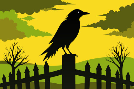 Eerie Silhouette of a Solitary Crow Perched on a Rustic Fence Post at Twilightのイラスト素材