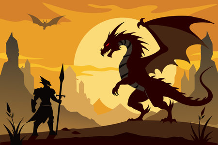 Epic Standoff between Dragon and Knight Silhouetted against the Setting Sunのイラスト素材