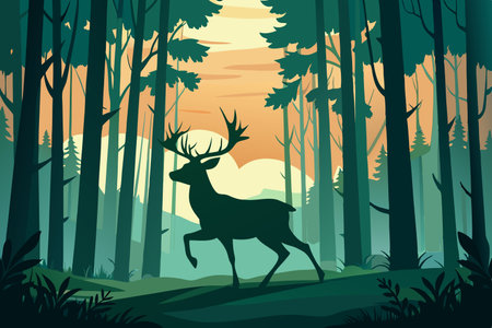 Silhouette of a Deer Leaping Through Dense Woodland Trees at Dawnのイラスト素材