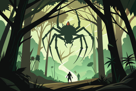 Ominous Giant Spider Silently Weaving an Intricate Web in the Nightのイラスト素材