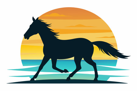 Silhouette of a Lone Horse Trotting Along a Serene Beach at Sunsetのイラスト素材