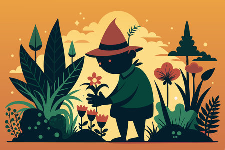 Mysterious Silhouette of a Gnome Nurturing Enchanted Plants in a Magical Realmのイラスト素材