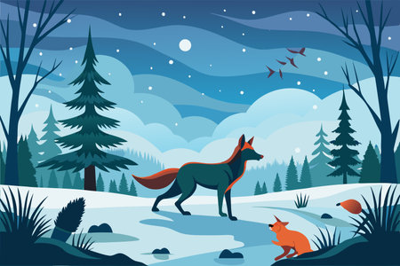 Majestic Fox Stalking Prey in a Snowy Wilderness Landscapeのイラスト素材