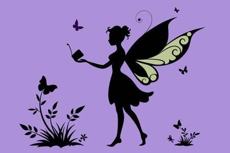 Silhouette of a Fairy Spreading Enchanting Notes on a Majestic Butteのイラスト素材