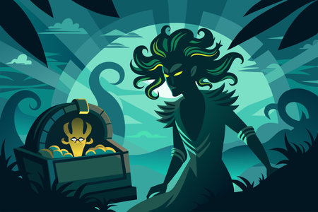 Silhouette of a Gorgon Vigilantly Guarding a Secret Treasure in the Darknessのイラスト素材