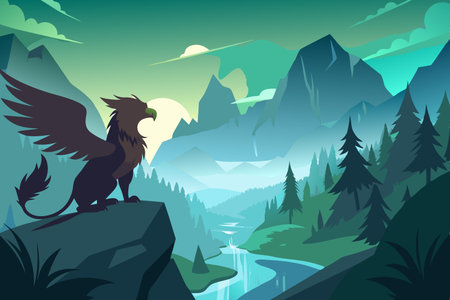 The Shadowy Sentinel: Griffin's Gaze Over an Enigmatic Valleyのイラスト素材