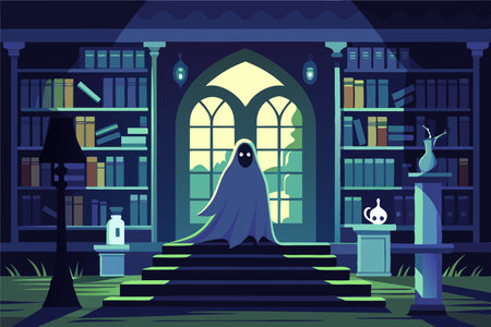 Haunting Silhouette of a Ghostly Presence in an Ancient Libraryのイラスト素材