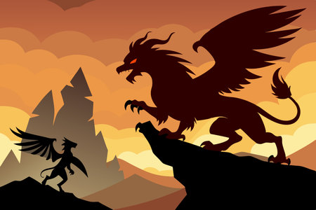Fierce Battle between Griffin and Dragon Silhouetted Against the Sunset Skyのイラスト素材