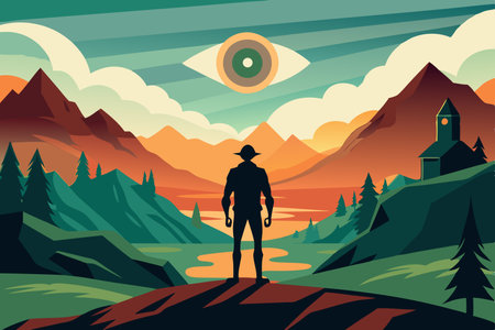 Watchful Cyclops Overlooking a Serene Valley Silhouette at Duskのイラスト素材