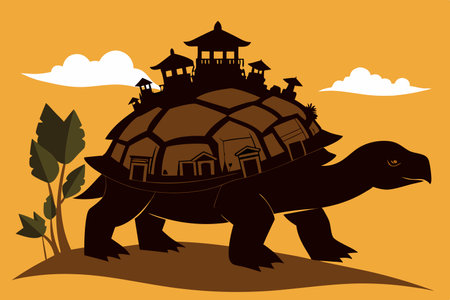 Majestic Silhouette of a Giant Tortoise Carrying a Tiny Village on Its Backのイラスト素材