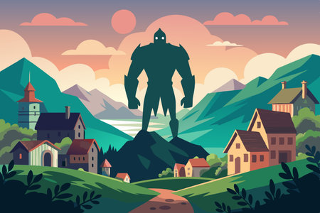 Colossal Guardian: Silhouette of a Majestic Giant Vigilantly Watching Over a Serene Villageのイラスト素材