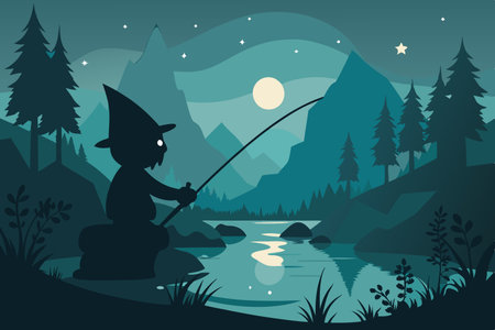 Silhouette of a Gnome Fishing by a Sparkling Stream at Twilight's Embraceのイラスト素材