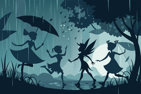 Whimsical Silhouette of Fairies Dancing in the Moonlight Forestのイラスト素材