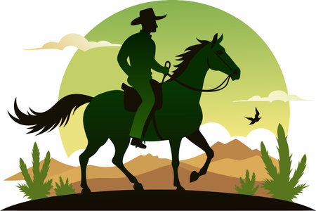 Cowboy Silhouette Riding Majestic Steed at Sunsetのイラスト素材