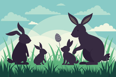 Playful Silhouette of a Family of Rabbits Hopping in the Grassy Fields at Sunsetのイラスト素材