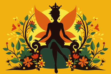 Majestic Silhouette of a Fairy Queen Enthroned in Tranquil Natureのイラスト素材