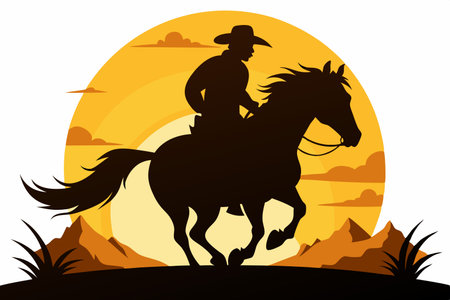 Silhouette of a Lone Cowboy Riding His Horse at Sundown on the Open Rangeのイラスト素材