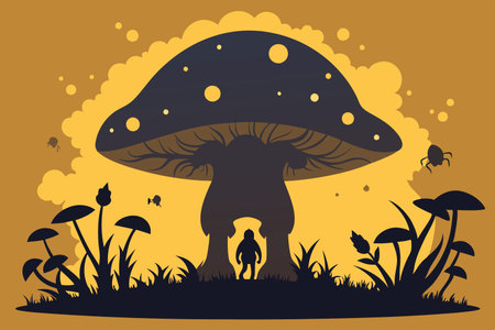 Silhouette of an Enormous Mushroom Towering Over Tiny Creaturesのイラスト素材