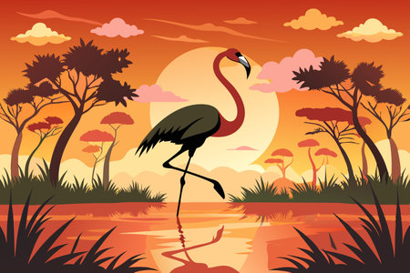 Graceful Flamingo Silhouetted in the Marsh at Sunsetのイラスト素材