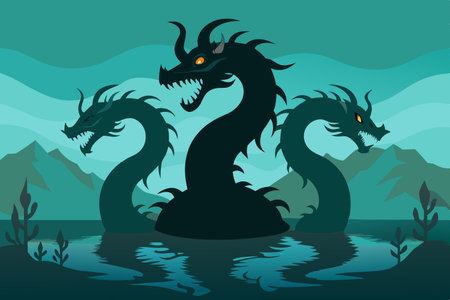 Multi-Headed Hydra Silhouette in a Tranquil Lake at Night