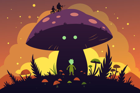 Silhouette of an Enormous Mushroom Sheltering Tiny Creatures in its Embraceのイラスト素材