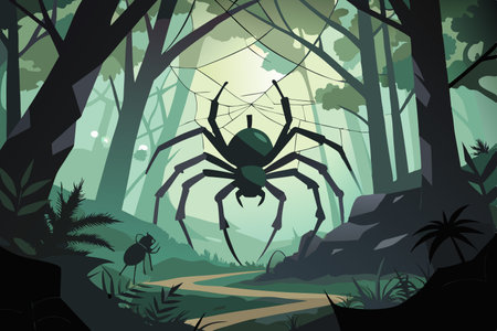 Silhouette of a Majestic Spider Weaving an Ethereal Webのイラスト素材