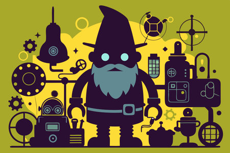 Gnome Engineer Conjuring Enchanting Gadgets in Silhouetted Laborのイラスト素材