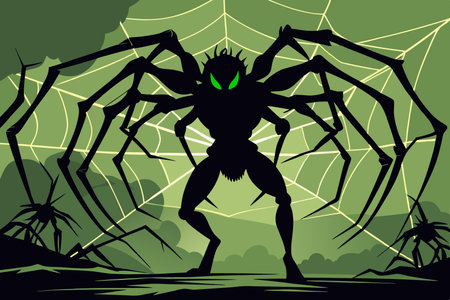 Silhouette of an Enigmatic Spider Weaving an Intricate Tapestry of Threadsのイラスト素材