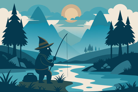 Serene Silhouette of a Gnome Angler in Tranquil Stream Embraceのイラスト素材