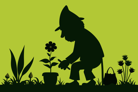 Gnome's Green Thumb: A Silhouetted Garden Guardian at Workのイラスト素材