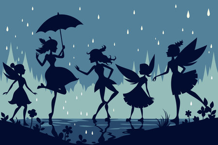 Ethereal Silhouette of Fairies Frolicking amidst Verdant Forest Glowのイラスト素材