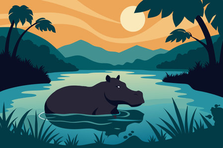 Silhouette of a Hippopotamus Relaxing in the Tranquil River Watersのイラスト素材