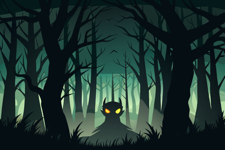 Eerie Silhouette of a Haunted Forest with Mystical Glowing Eyesのイラスト素材