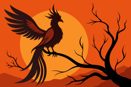 Ethereal Silhouette of a Phoenix Rising from a Branch at Duskのイラスト素材